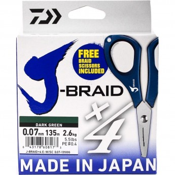 Шнур DAIWA J-Braid X4E-W/SC 0,07мм 135м dark green + ножницы Шнур DAIWA J-Braid X4E-W/SC 0,07мм 135м dark green + ножницы