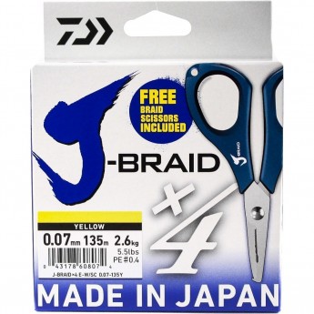 Шнур DAIWA J-Braid X4E-W/SC 0,07мм 135м желтый + ножницы Шнур DAIWA J-Braid X4E-W/SC 0,07мм 135м желтый + ножницы