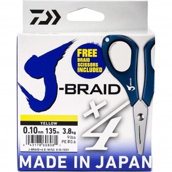 Шнур DAIWA J-Braid X4E-W/SC 0,10мм 135м желтый + ножницы Шнур DAIWA J-Braid X4E-W/SC 0,10мм 135м желтый + ножницы