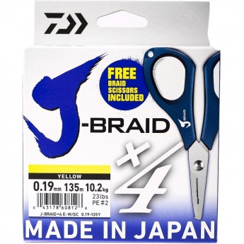 Шнур DAIWA J-Braid X4E-W/SC 0,19мм 135м желтый + ножницы Шнур DAIWA J-Braid X4E-W/SC 0,19мм 135м желтый + ножницы