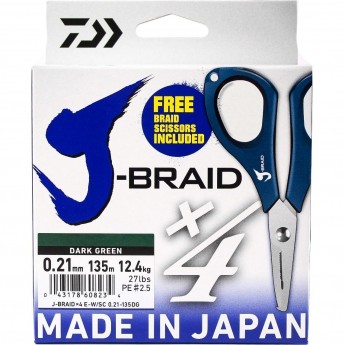 Шнур DAIWA J-Braid X4E-W/SC 0,21мм 135м dark green + ножницы Шнур DAIWA J-Braid X4E-W/SC 0,21мм 135м dark green + ножницы