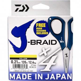 Шнур DAIWA J-Braid X4E-W/SC 0,21мм 135м желтый + ножницы Шнур DAIWA J-Braid X4E-W/SC 0,21мм 135м желтый + ножницы