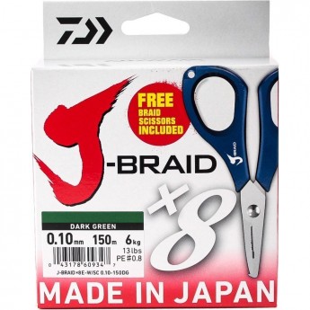 Шнур DAIWA J-Braid X8E-W/SC 0,10мм 150м dark green + ножницы Шнур DAIWA J-Braid X8E-W/SC 0,10мм 150м dark green + ножницы