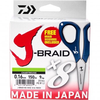Шнур DAIWA J-Braid X8E-W/SC 0,16мм 150м chartreuse + ножницы Шнур DAIWA J-Braid X8E-W/SC 0,16мм 150м chartreuse + ножницы