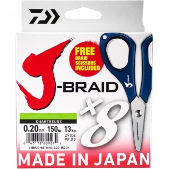 Шнур DAIWA J-Braid X8E-W/SC 0,20мм 150м chartreuse + ножницы Шнур DAIWA J-Braid X8E-W/SC 0,20мм 150м chartreuse + ножницы