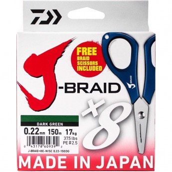 Шнур DAIWA J-Braid X8E-W/SC 0,22мм 150м dark green + ножницы Шнур DAIWA J-Braid X8E-W/SC 0,22мм 150м dark green + ножницы